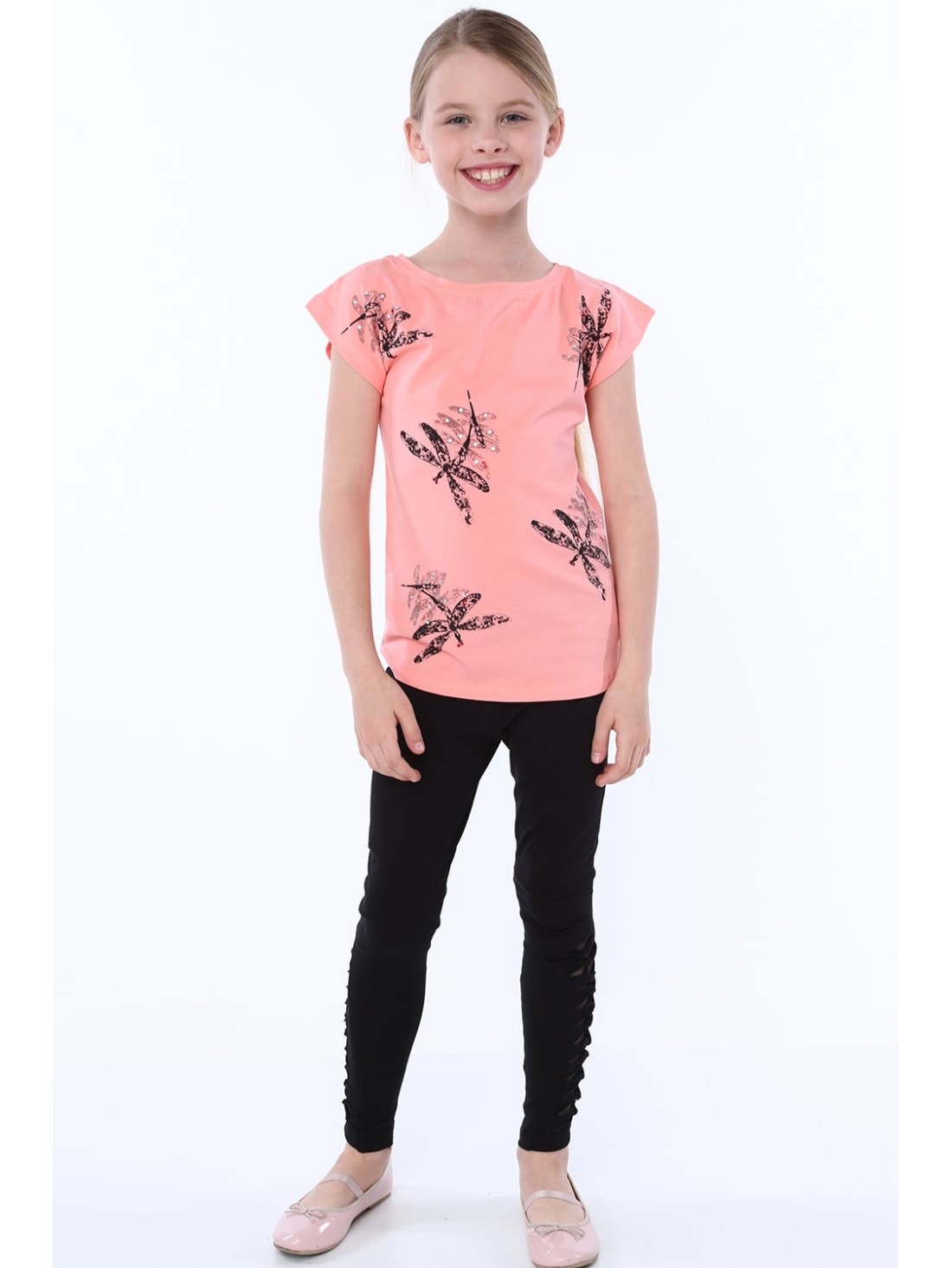 Lachsfarbenes Libellen-T-Shirt für Mädchen NDZ8315 – Online-Shop – Boutique